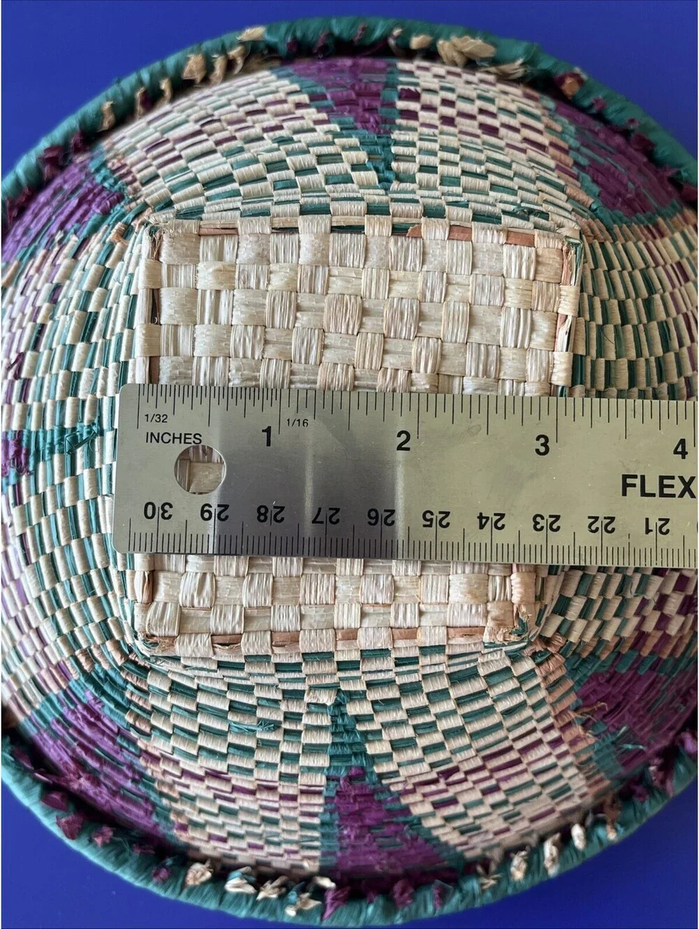 Handwoven Hanging Basket Purple Green Straw Tan 10’’ Bowl BOHO Decoration